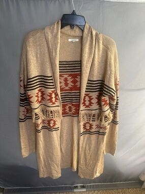Maurices Tan Cardigan with Rust & Black Aztec Pattern